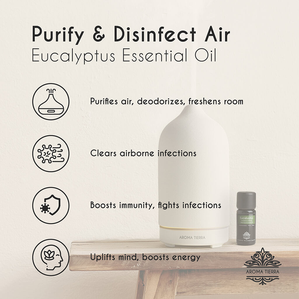 Aroma Tierra Eucalyptus essential oil from Portugal purifies and disinfect air.