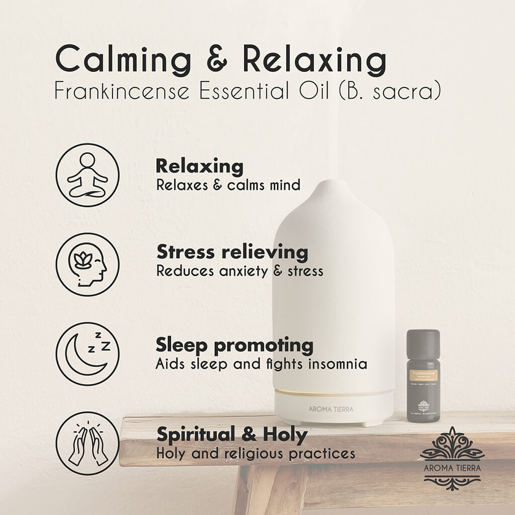Aroma Tierra Frankincense essential oil  relieves stress and anxiety, calming and relaxing.