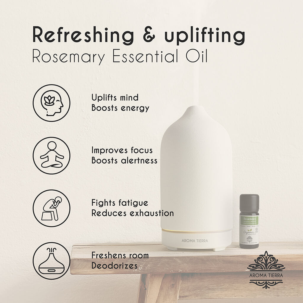 Aroma Tierra Organic Rosemary essential oil from Spain fights fatigue, boosts energy, improves focus. 