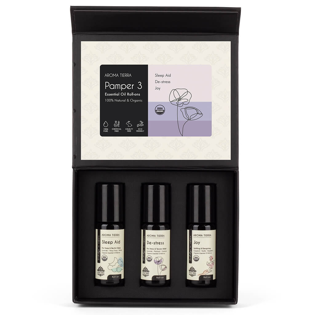 Aroma Tierra Wellness Roll-on Set – Includes Sleep, Relief, and Joy Roll-ons, perfect for relaxation, stress relief, and uplifting aromatherapy.