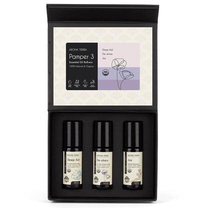 Aroma Tierra Wellness Roll-on Set – Includes Sleep, Relief, and Joy Roll-ons, perfect for relaxation, stress relief, and uplifting aromatherapy.