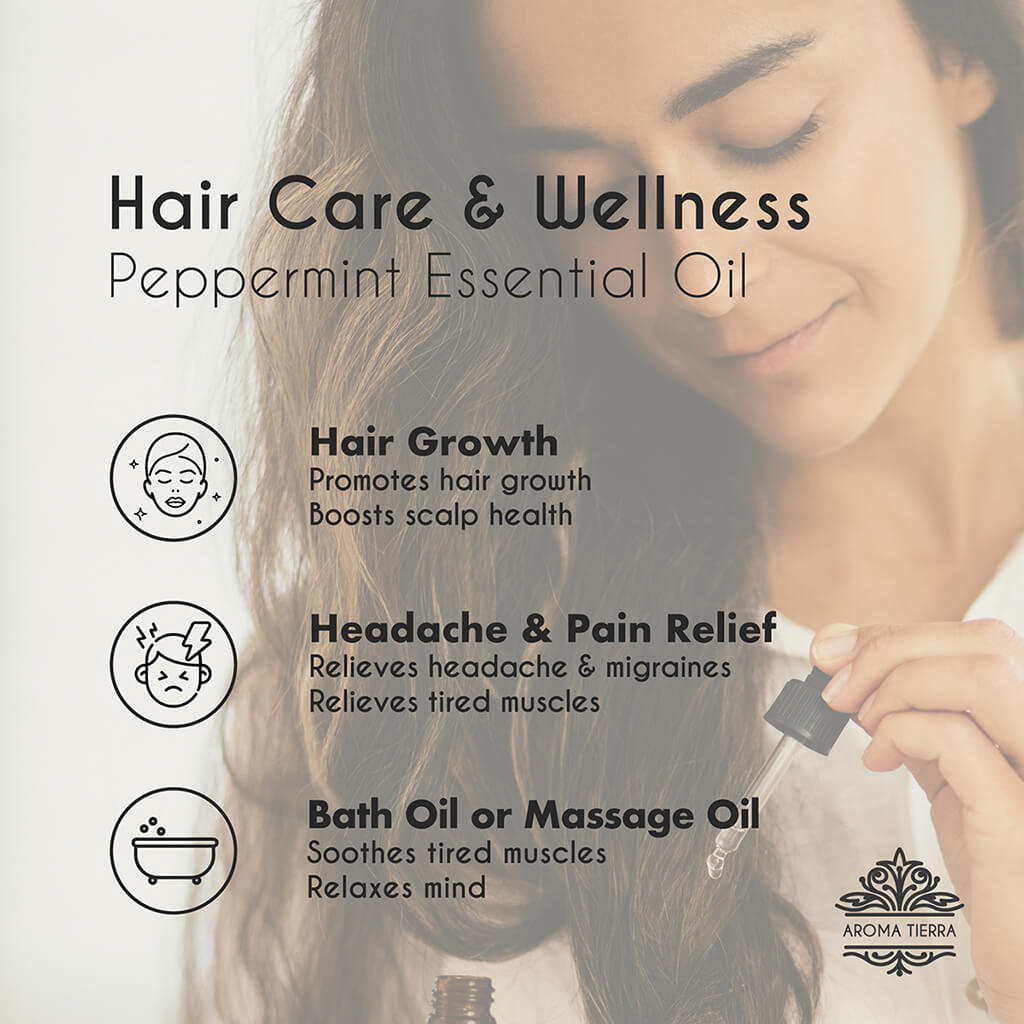Peppermint essential oil promotes hair growth, natural headache and migraine remedy.