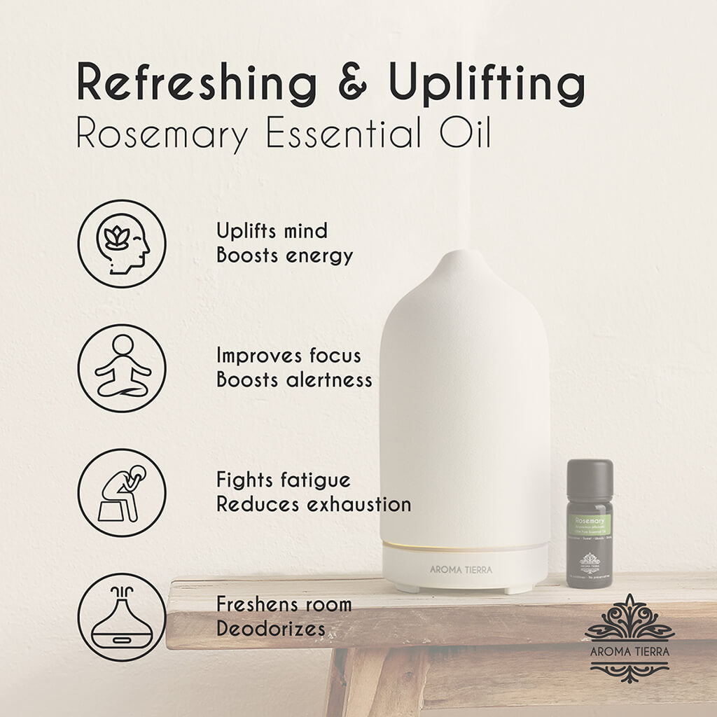Aroma Tierra Rosemary essential oil from Spain fights fatigue, boosts energy, improves focus. 