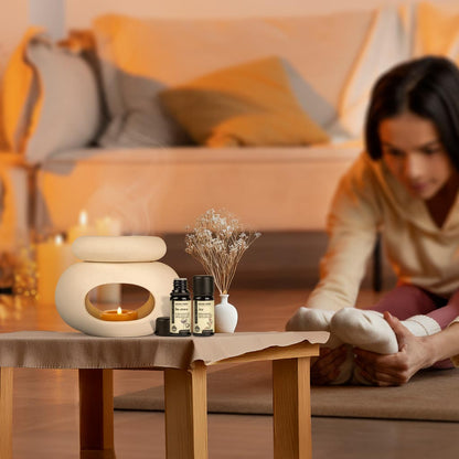 Aroma Tierra Lona ceramic candle diffuser gift set with De-stress and Joy essential oils — home relaxation lifestyle
