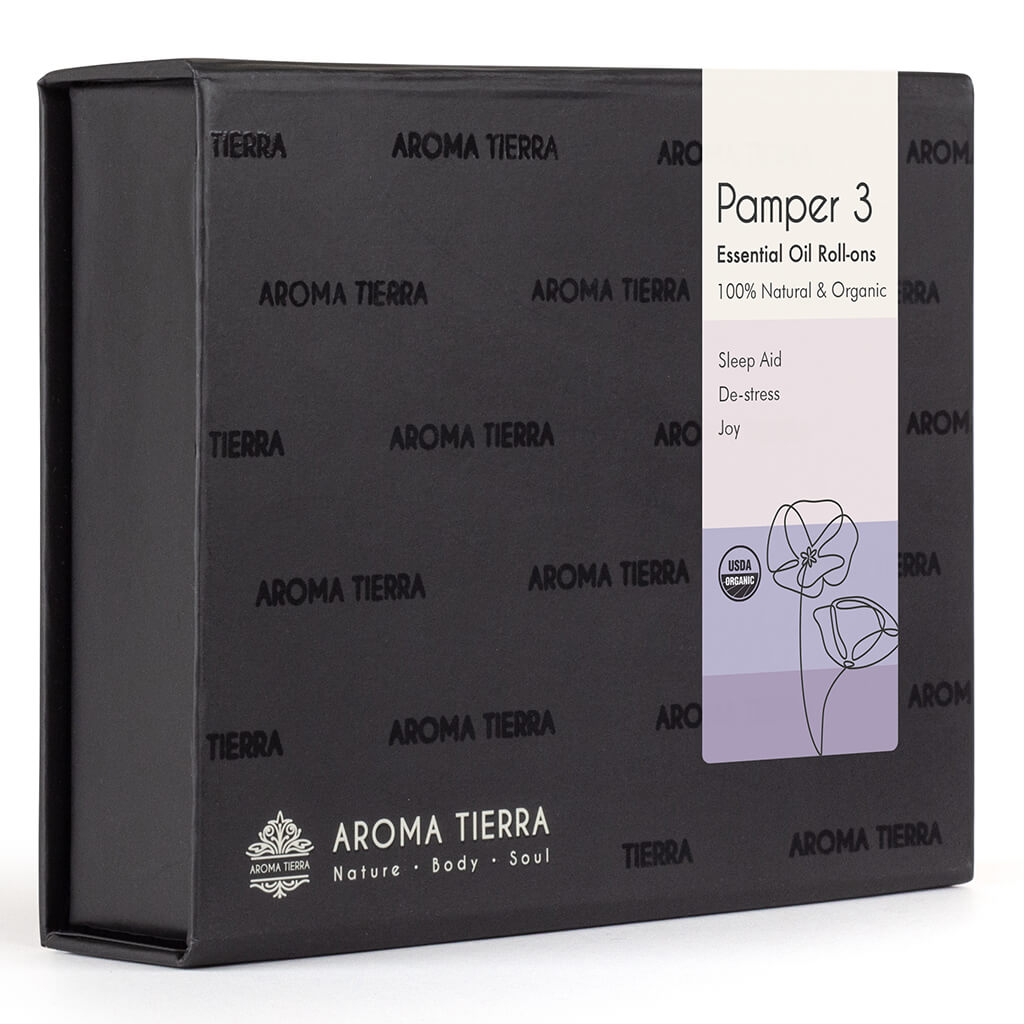 Aroma Tierra Pamper 3 Roll-on Set - For Sleep, Stress Relief, Joy, Aromatherapy, Gift