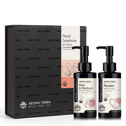 Aroma Tierra luxury body oils set, Rose Patchouli, Passion, 100 ml. 
