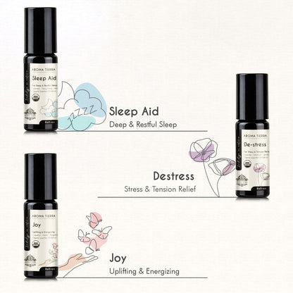 Aroma Tierra Roll-ons, sleep aid, destress, joy.