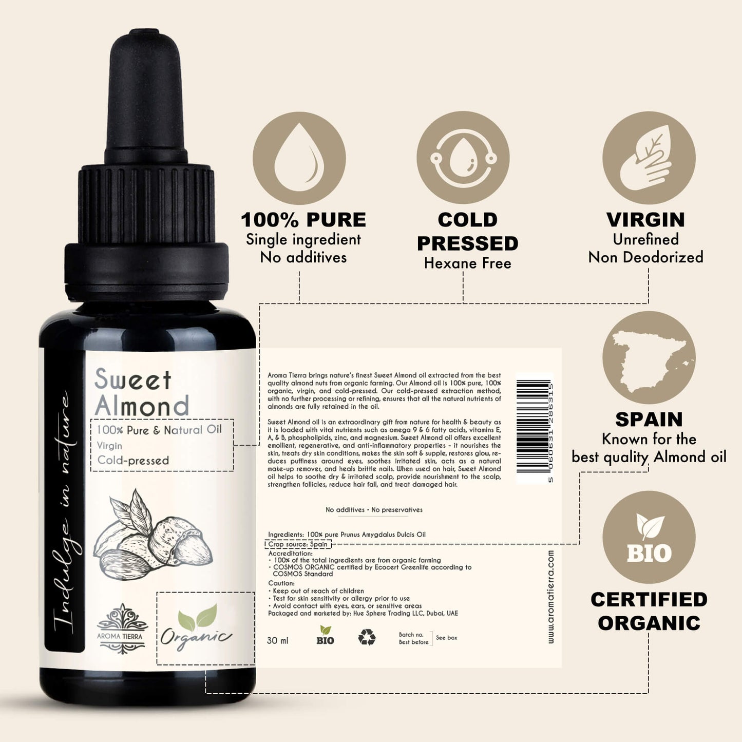 Organic Almond Oil Sweet - 100% Pure Cold Pressed Unrefined