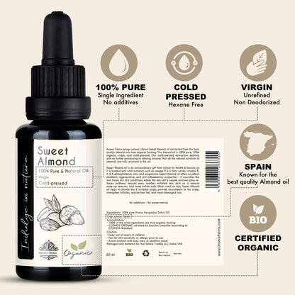 Organic Almond Oil Sweet - 100% Pure Cold Pressed Unrefined