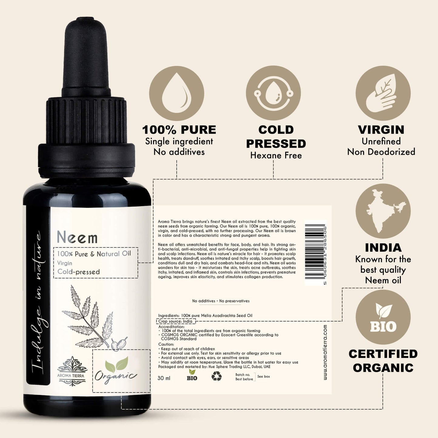 Organic Neem Oil - 100% Pure Cold Pressed Unrefined