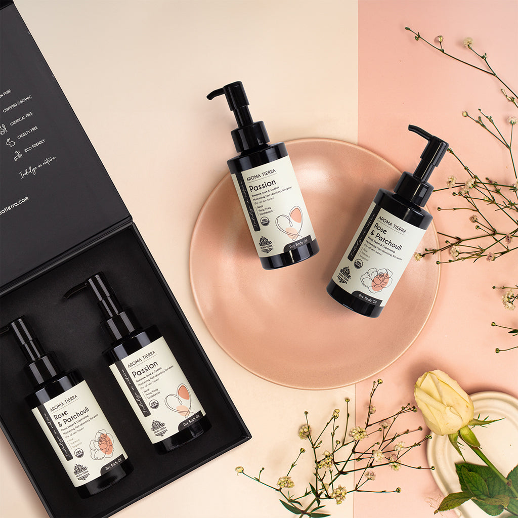Gift set of two luxurious body oils, Rose Patchouli and Passion from Floral symphony theme, nourishing body oils.