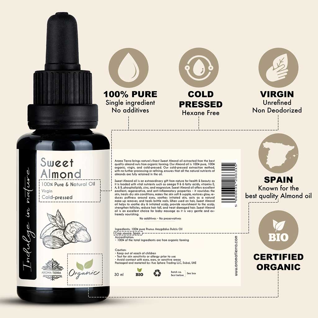 Organic Almond Oil Sweet - 100% Pure Cold Pressed Unrefined