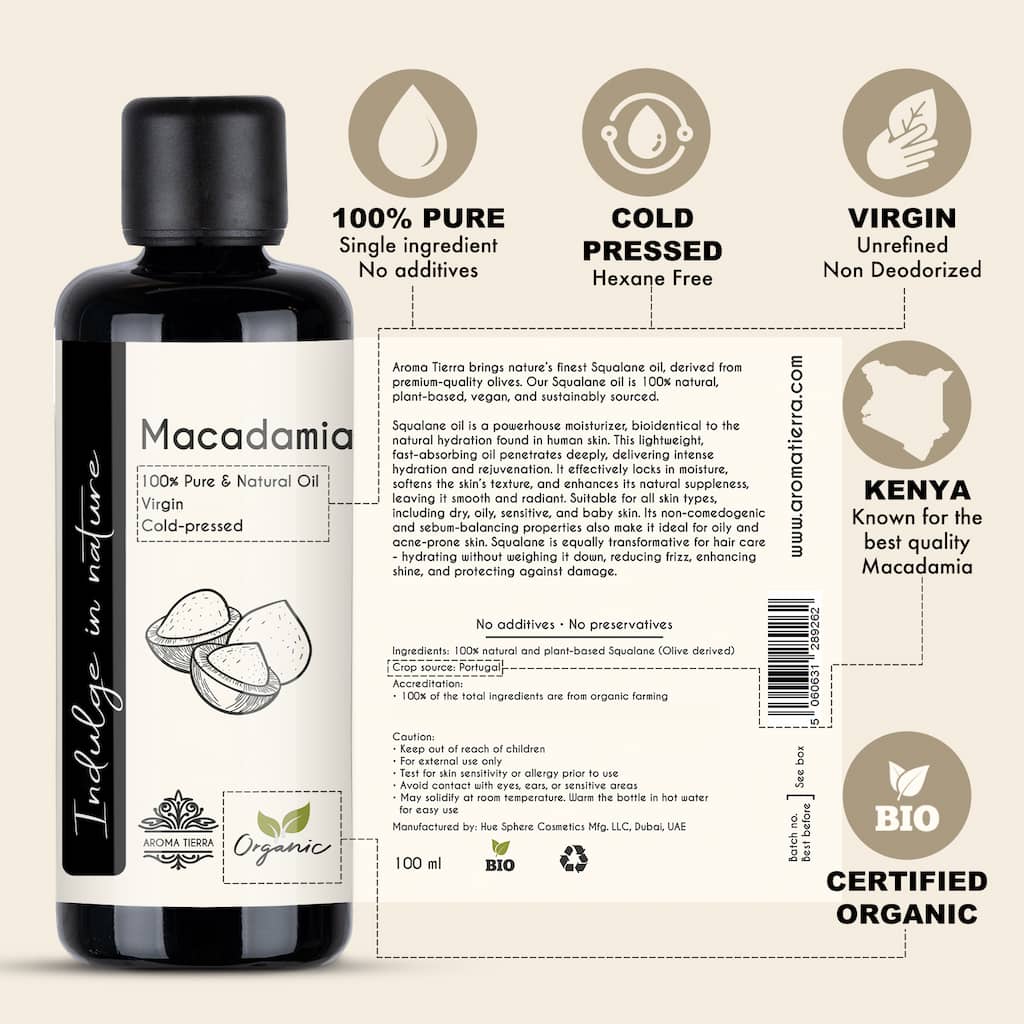 Organic Macadamia Oil — 100% Pure, Cold-Pressed, Unrefined