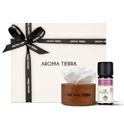 Cera Flora Wood Gift Set - Ceramic Essential Oil Diffuser with Essential Oil