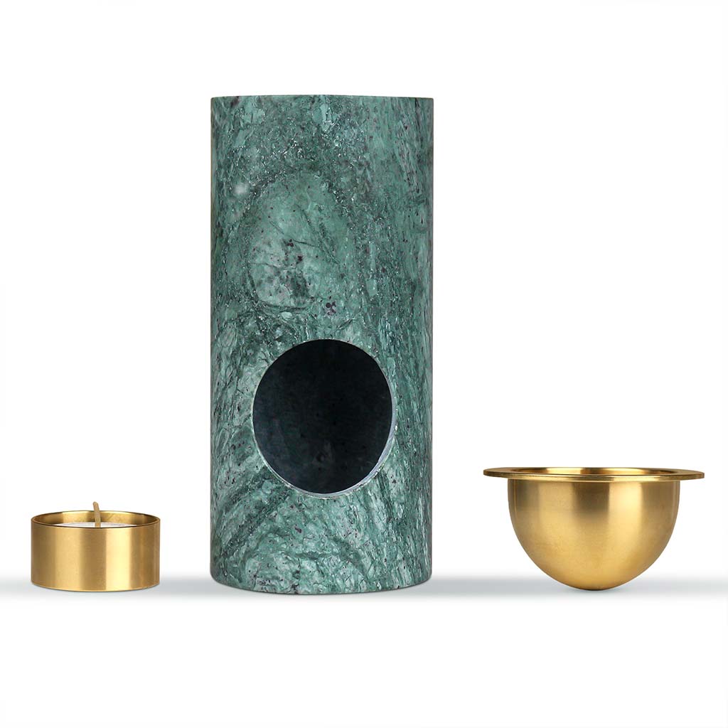 Aroma Tierra Eden green marble candle burner with brass oil dish — product components
