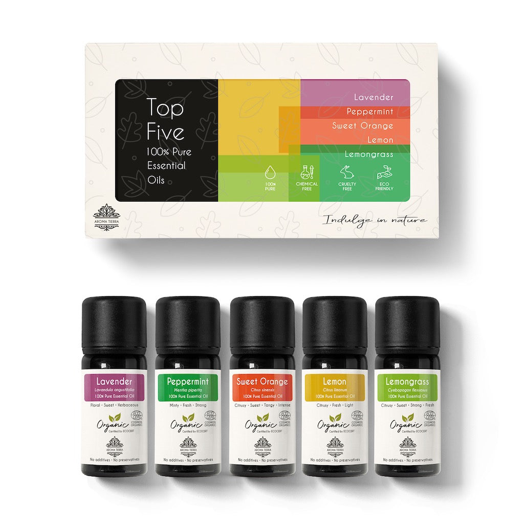 Aroma Tierra Organic Top Five Essential Oil Set, 100% Pure & Natural,  Organic Certified by ECOCERT.