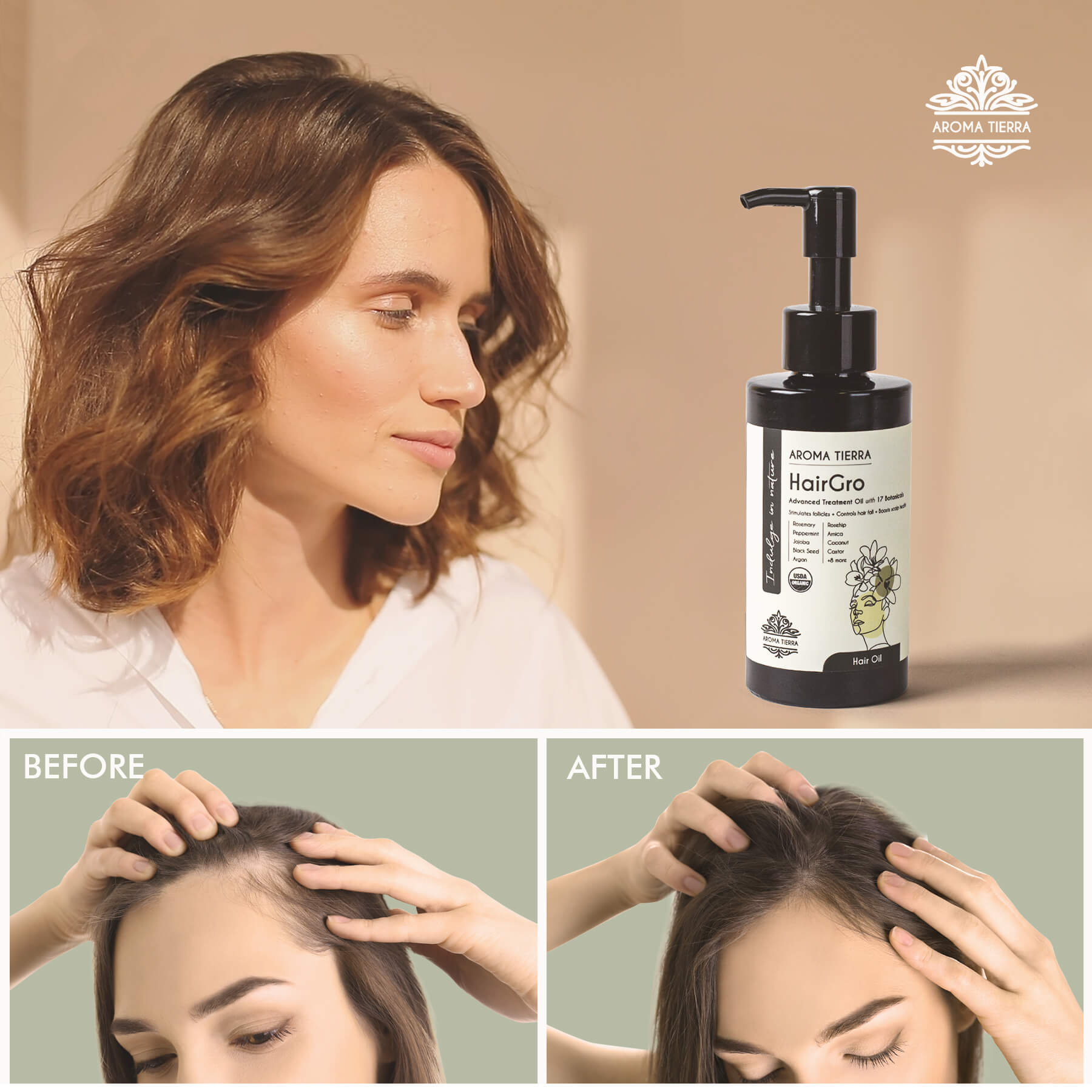100% Organic and Natural Aroma Tierra HairGro 17 potent hair-loving active botanicals. Best Oil for Hair Growth and Thickness. 