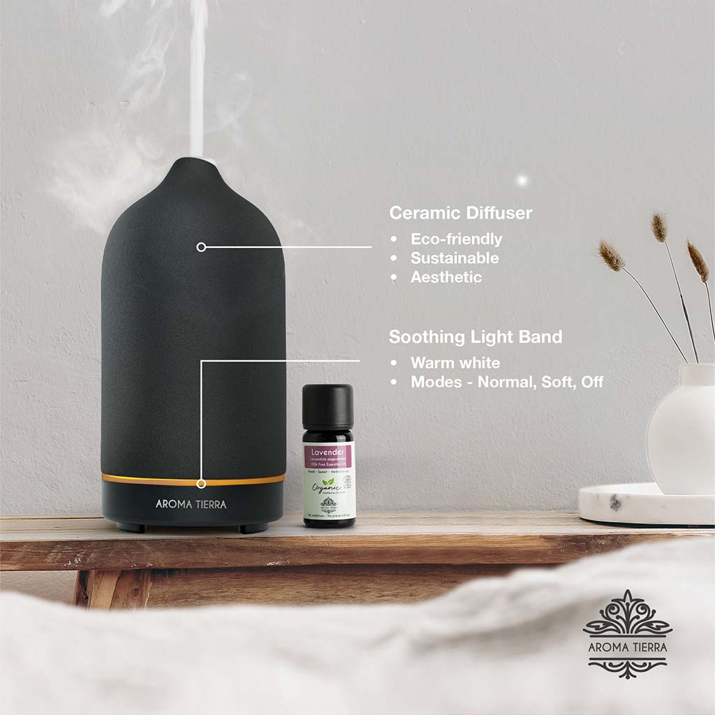 Aroma Tierra Santorini Dusk diffuser, traditional ceramic craftsmanship and modern ultrasonic diffusion technology. 