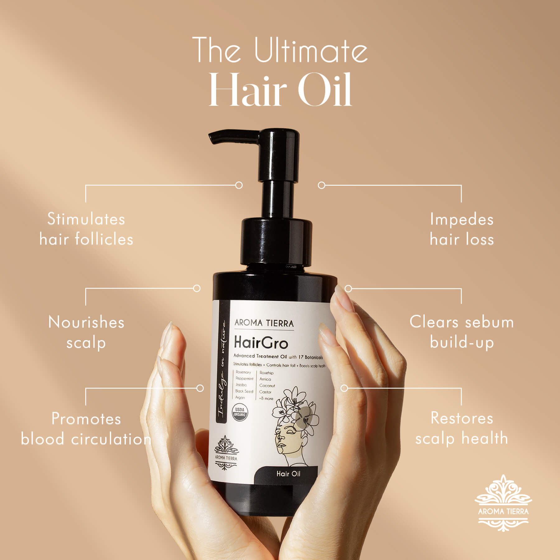 Aroma Tierra HairGro best oil for hair fall, nourishes scalp and promotes blood circulation.