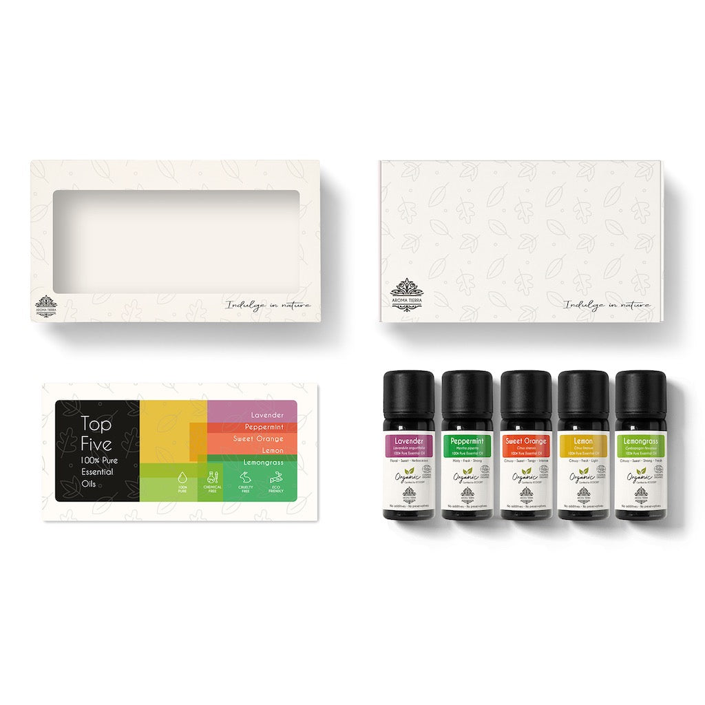 Pack of top 5 most popular Organic Essential Oils for gifting, diffuser, skin and hair .