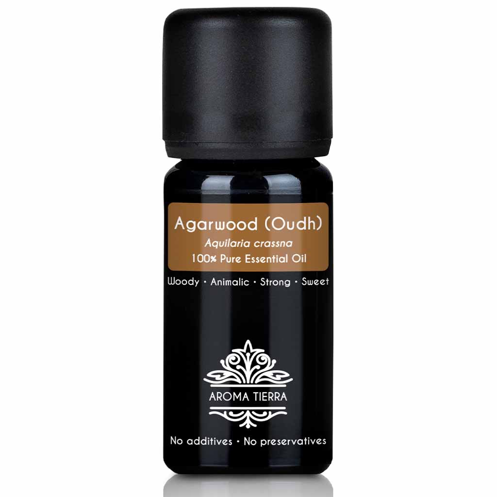 Aroma Tierra Agarwood Essential Oil Steam distillation of resin from the infected wood of Agarwood tree, Aquilaria crassna, anti-aging, antioxidant, 10 ml. 