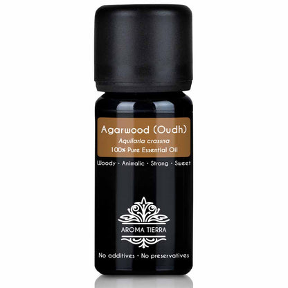 Aroma Tierra Agarwood Essential Oil Steam distillation of resin from the infected wood of Agarwood tree, Aquilaria crassna, anti-aging, antioxidant, 10 ml. 