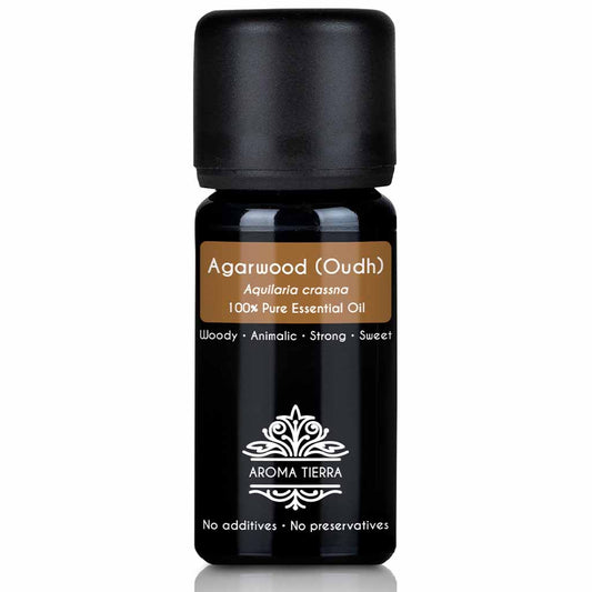 Aroma Tierra Agarwood Essential Oil Steam distillation of resin from the infected wood of Agarwood tree, Aquilaria crassna, anti-aging, antioxidant, 10 ml. 