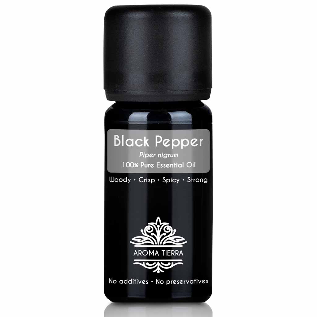 Aroma Tierra Black Pepper essential oil steam distillation of Piper nigrum corns, 10 ml.