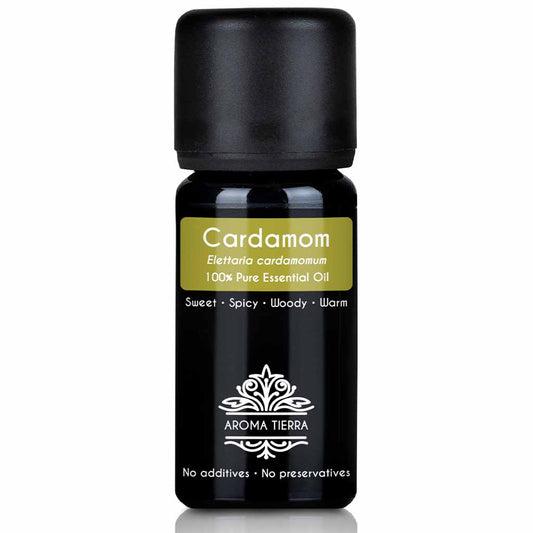 Aroma Tierra Cardamom essential oil best for diffusers combat mental fatigue, frustration, and emotional tension, 10 ml. 