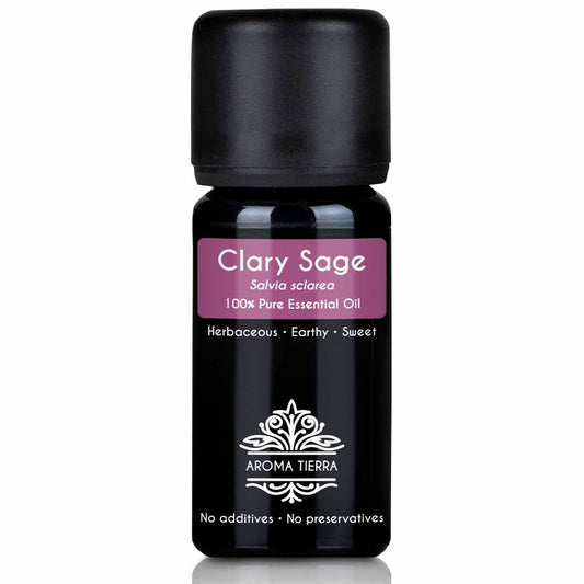Aroma Tierra Clary Sage essential oil  steam distillation of Salvia sclarea flowering tops and leaves, 10 ml. 