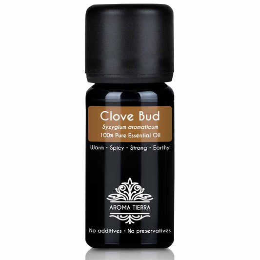 Aroma Tierra Clove Bud essential oil steam distillation of clove buds, Syzygium aromaticum, for tooth aches teeth gums toothache, 10 ml. 