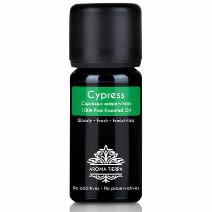 Aroma Tierra Cypress essential oil steam distillation of  needles and twigs of organic Cupressus sempervirens, 10 ml. 
