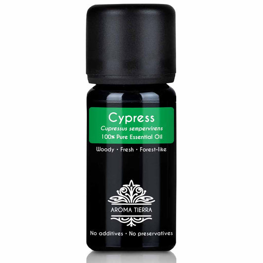 Aroma Tierra Cypress essential oil steam distillation of  needles and twigs of organic Cupressus sempervirens, 10 ml. 
