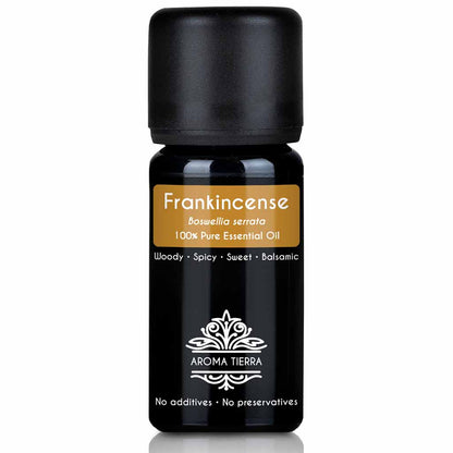 Aroma Tierra Pure Frankincense Essential Oil Boswellia serrata  steam distillation of the gum of Frankincense serrata tree, 10 ml. 