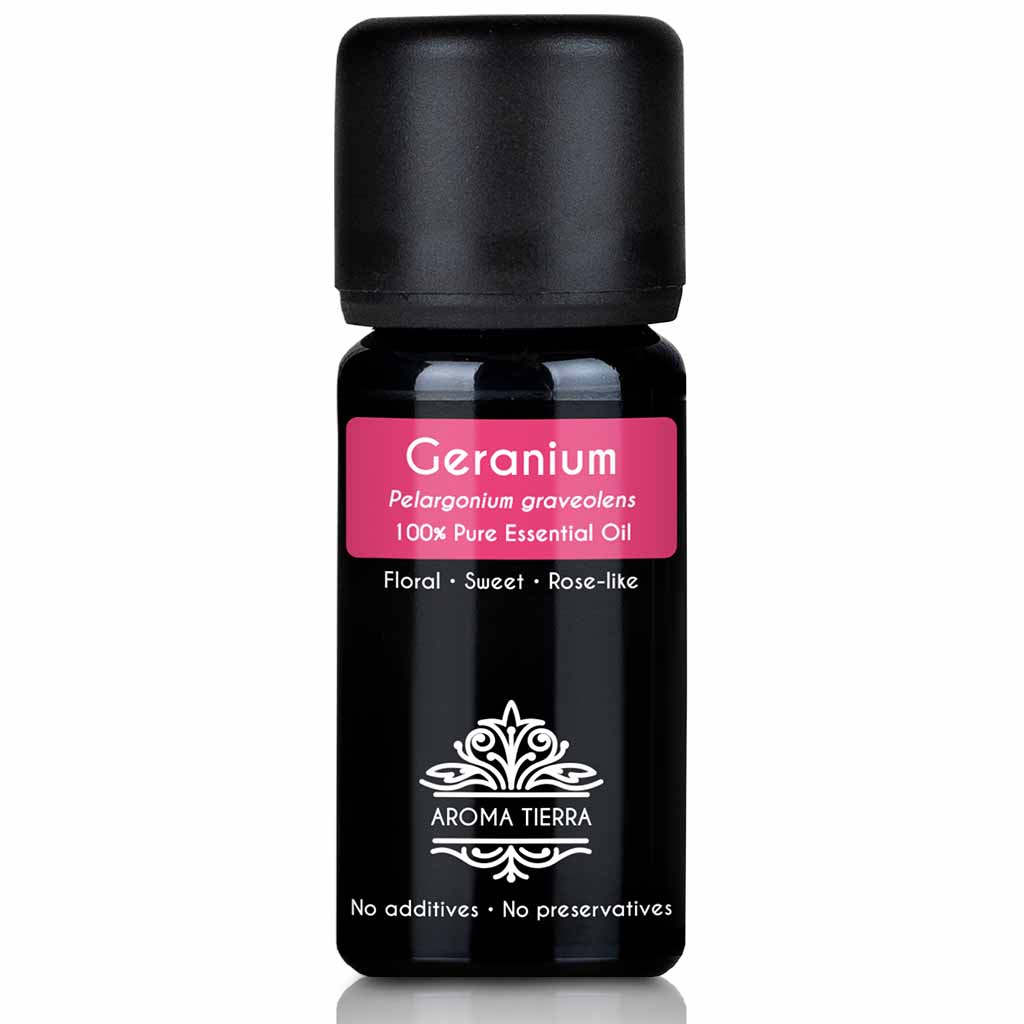 Aroma Tierra Geranium essential oil steam distillation of leaves and other aromatic parts of organic Pelargonium graveolens plant, 10 ml. 