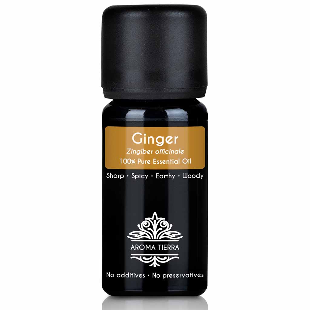 Aroma Tierra Ginger essential oil best for diffusers improve mental clarity, focus, and alertness, warm and stimulating, 10 ml.