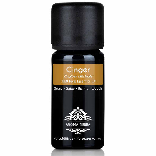 Aroma Tierra Ginger essential oil best for diffusers improve mental clarity, focus, and alertness, warm and stimulating, 10 ml.