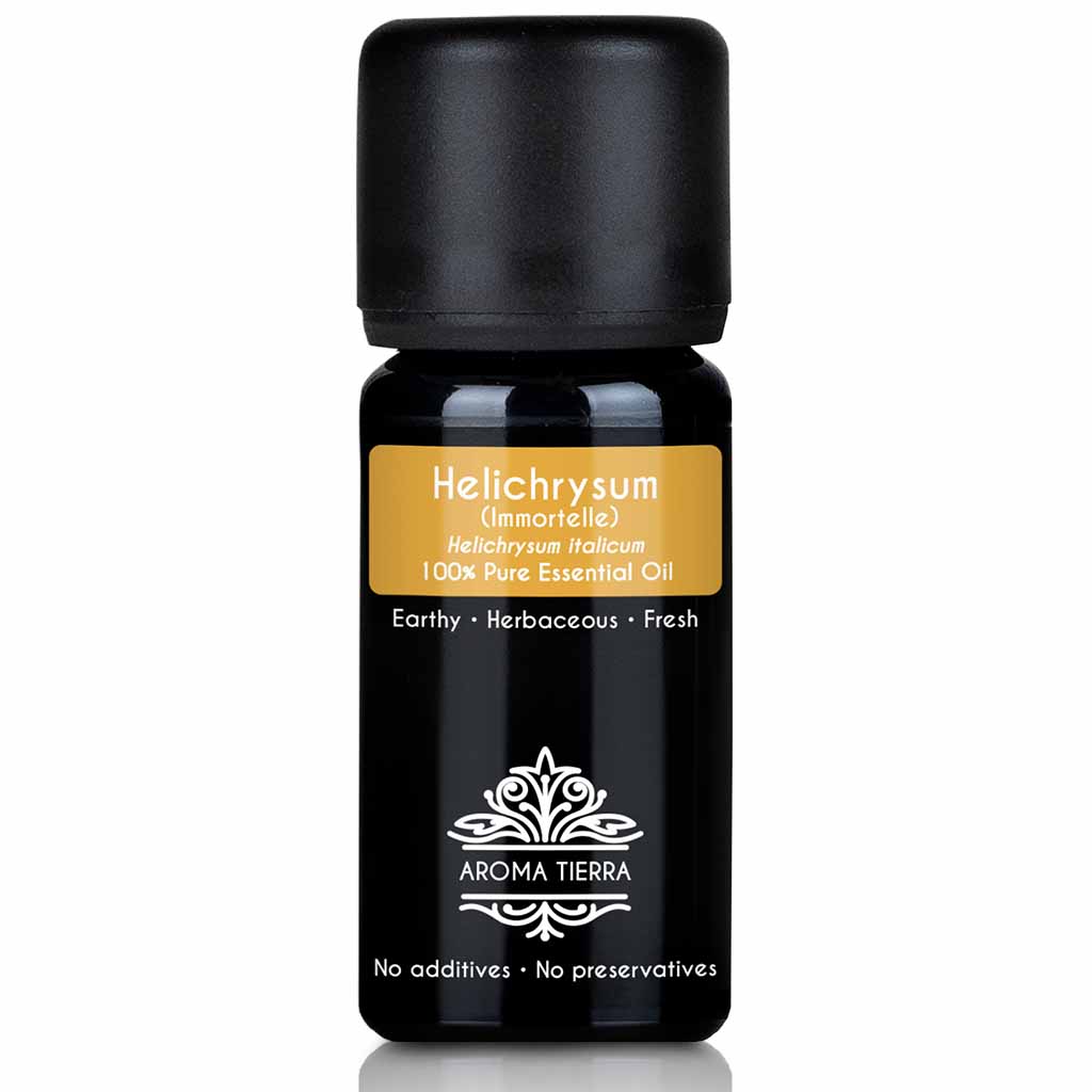Aroma Tierra Helichrysum essential oil steam distillation of Helichrysum italicum flowers. Immortelle, everlasting oil, 10 ml. 