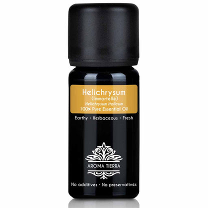 Aroma Tierra Helichrysum essential oil steam distillation of Helichrysum italicum flowers. Immortelle, everlasting oil, 10 ml. 