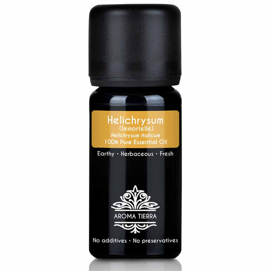 Aroma Tierra Helichrysum essential oil steam distillation of Helichrysum italicum flowers. Immortelle, everlasting oil, 10 ml. 