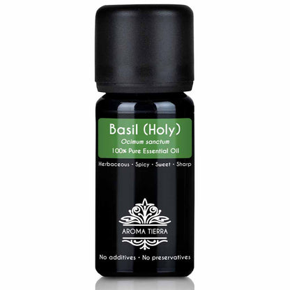 Aroma Tierra Holy Basil essential oil steam distillation of of the Holy Basil herb, Ocimum sanctum, 10 ml.