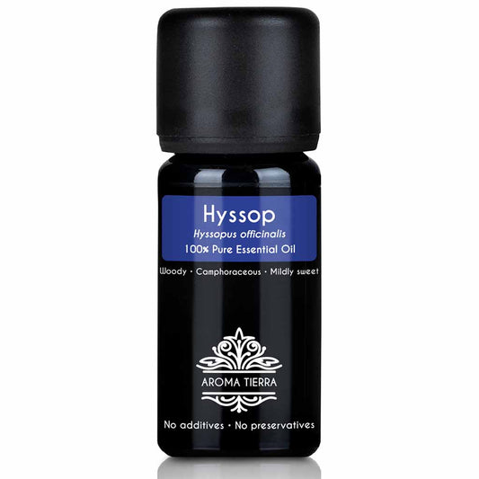 Aroma Tierra  Hyssop essential oil steam distillation of flowering plant tops of Hyssopus officinalis, 10 ml.