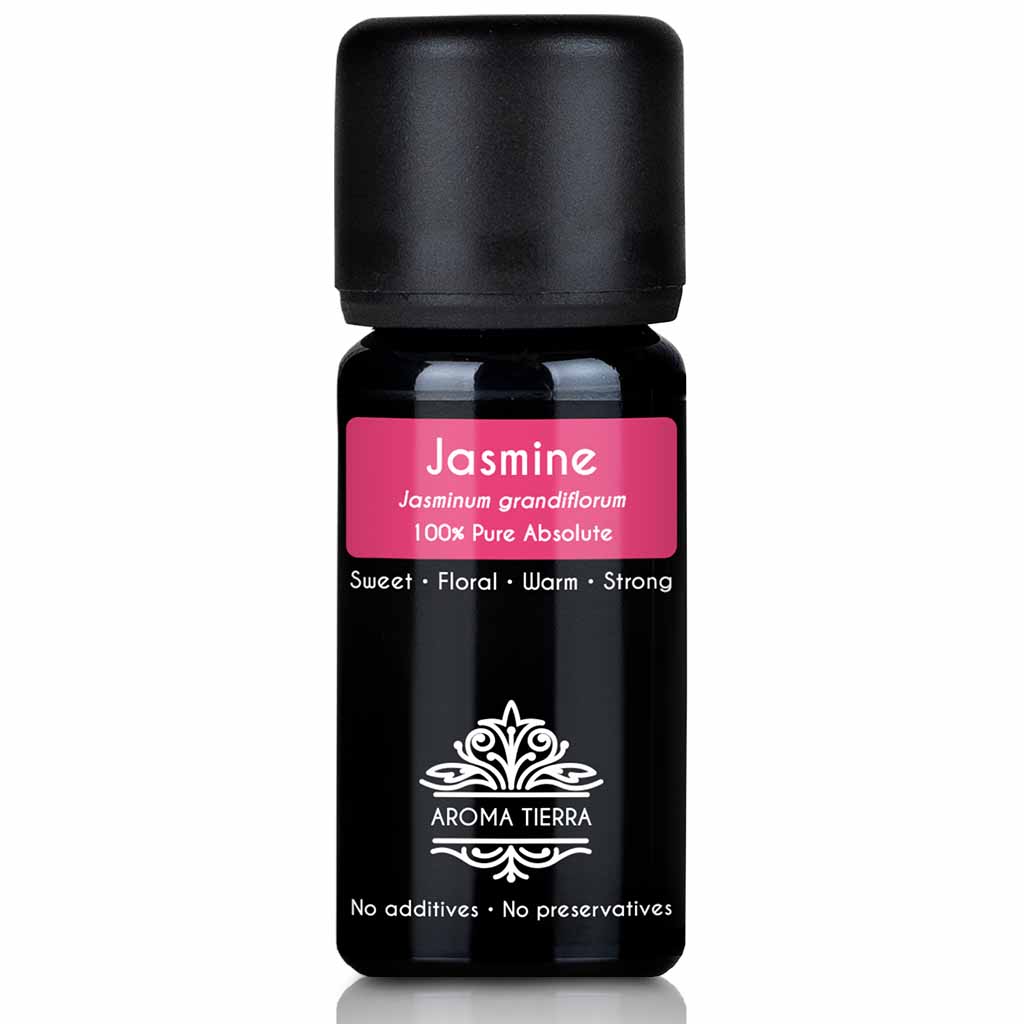 Aroma Tierra Jasmine Essential Oil solvent extracted from the concrete of Jasmine flowers, Jasminum grandiflorum, 10 ml. 
