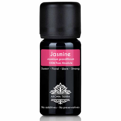 Aroma Tierra Jasmine Essential Oil solvent extracted from the concrete of Jasmine flowers, Jasminum grandiflorum, 10 ml. 
