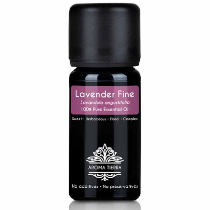 Aroma Tierra  Lavender Fine essential oil steam distillation of flowering tops of Lavender Fine (high-altitude Lavender), Lavandula angustifolia, 10 ml.