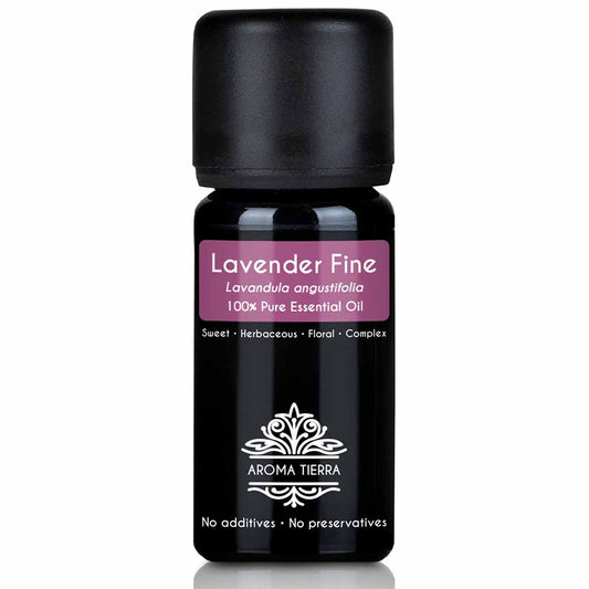 Aroma Tierra  Lavender Fine essential oil steam distillation of flowering tops of Lavender Fine (high-altitude Lavender), Lavandula angustifolia, 10 ml.