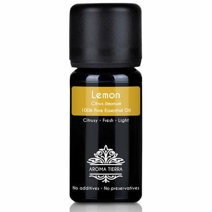 Aroma Tierra Lemon essential oil cold pressing the rind of Citrus limonum fruit, 10 ml. 
