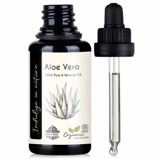 Aroma Tierra Certified Organic Aloe Vera Oil macerated, soothing and healing. Gentle on sensitive skin, 30 ml. 