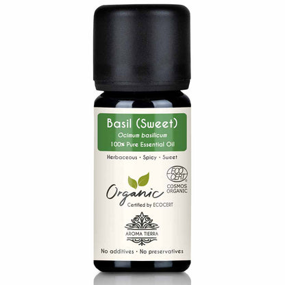 Aroma Tierra Basil (sweet) essential oil team steam distillation of leaves of organic Sweet Basil herb Ocimum basilicum, 10 ml. 