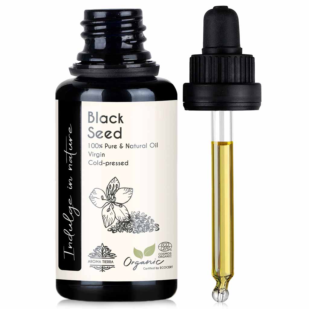 Aroma Tierra 100% pure and certified organic black seed oil boosts immunity, anti-inflammatory and antioxidant properties, 30 ml. 